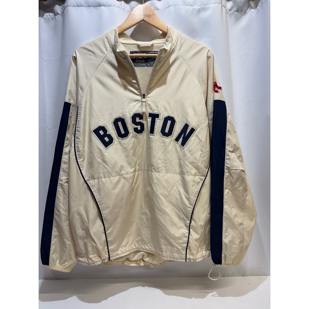 VTG Majestic Windbreaker Mens Medium Cream Boston Red Sox Quarter Zip AJ54